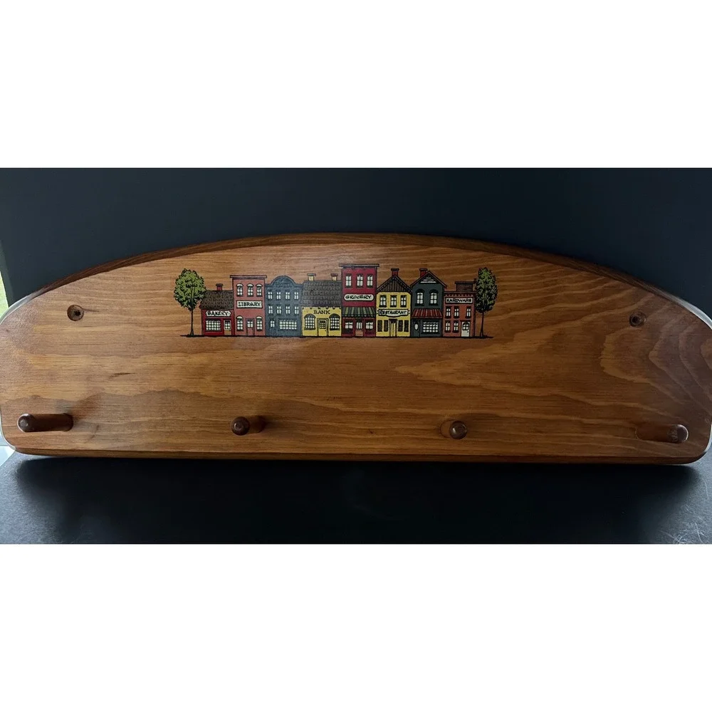 Vintage Wood Wall Rack 4 Shaker Pegs Hand Painted Village Scene Arched 20 Inch